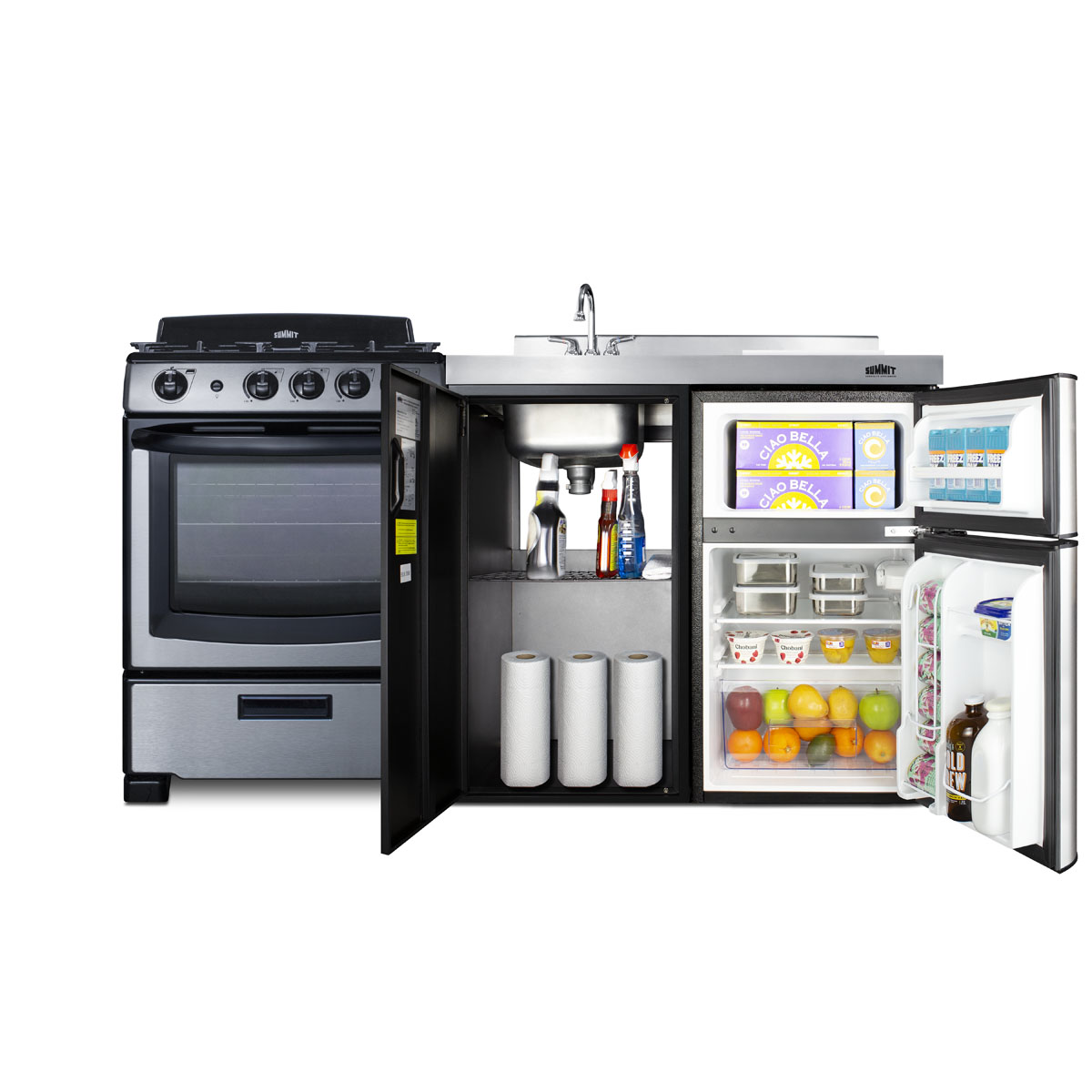 63 inch wide all-in-one kitchenette with full-sized sealed burner gas range with oven, compact refrigerator-freezer, sink, cutting board and cutlery storage, and a storage cabinet in a black finish